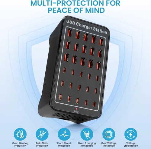 Vista 5 de Estación de carga USB C para múltiples dispositivos, bloque de cargador de 150 W y 30 puertos para teléfono celular iPad, múltiples regletas