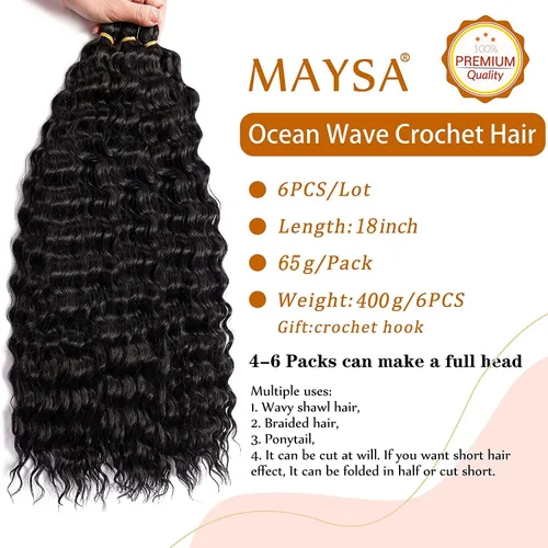 Vista 2 de Extensiones de cabello ondulado con ganchillo Ocean Wave de 18 pulgadas, 6 paquetes, extensiones de cabello de ganchillo sueltas de onda profunda #1B