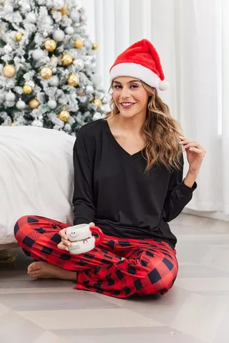 Vista 2 de Ekouaer Conjunto de 2 pijamas para mujer, pijamas de manga larga con camiseta y pantalones, cuello en V, pijamas suaves con bolsillos, ropa
