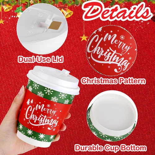 Vista 3 de Kochorie Juego de 100 tazas de café desechables de Navidad de 12 onzas con tapas de cúpula, papel desechable de Navidad, taza aislada extragruesa
