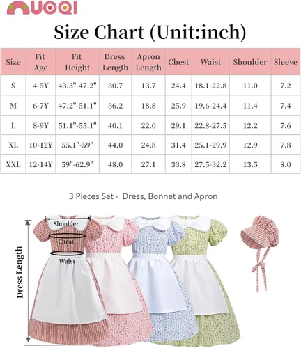 Vista 6 de Nuoqi Vestidos de pionera para niñas, disfraz colonial de Laura Ingalls Wilder