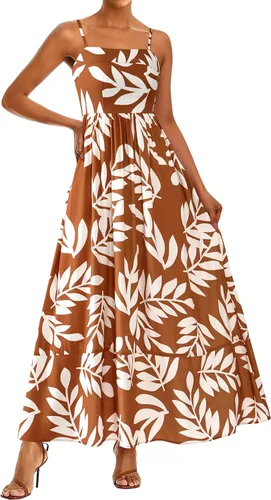 Vista 8 de PRETTYGARDEN Vestido largo de verano para mujer, con tirantes delgados, bohemio, floral, a rayas, para invitadas de boda, playa, vacaciones, vestido