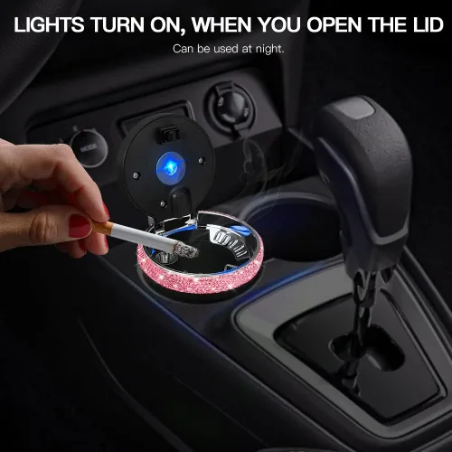 Vista 2 de SAVORI Cenicero de automóvil para mujeres y hombres, portavasos, portátil, sin humo, con indicador de luz LED azul, accesorios para automóvil (rosa)