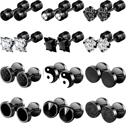 Vista 9 de NEWITIN 12 Pairs Black Earrings for Men Stainless Steel Stud Earrings Set Oro delicado