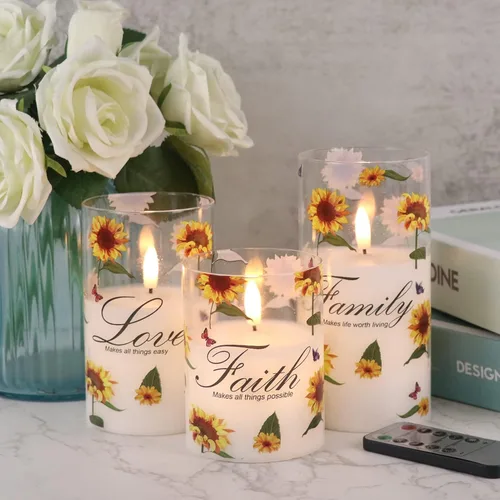 Vista 9 de Velas recargables de vidrio de hortensias sin llama con temporizador remoto, funciona con pilas, velas LED parpadeantes de cera real, decoración