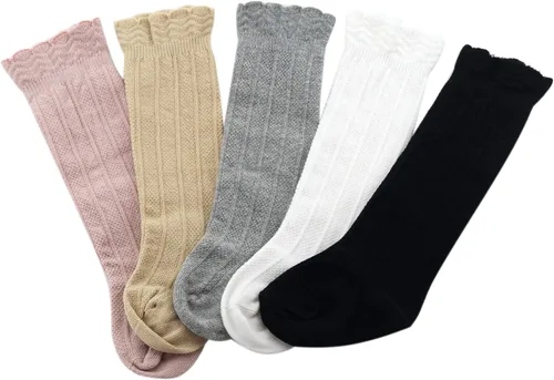 Vista 5 de Bestjybt Calcetines altos hasta la rodilla para bebés y niños, de algodón, con tubo de punto trenzado y volantes, 5 pares