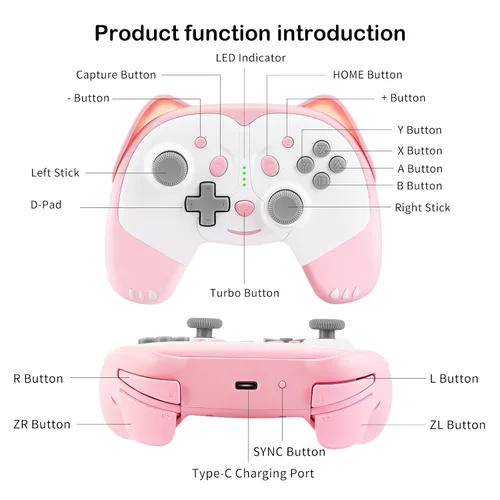 Vista 6 de SIMGAL Wireless Controller Compatible with Nintendo SwitchSwitch LiteSwitch OLED, Cute Cat Bluetooth Pro Controller with Turbo, Motion, Vibration