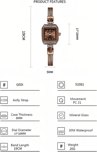 Vista 4 de Gosasa Reloj retro clásico cuadrado para mujer, números arábigos, esfera elegante, resistente al agua, pulsera de cuarzo, fácil de leer