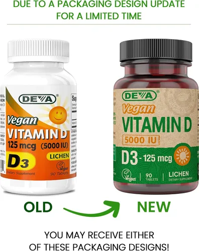 Vista 2 de DEVA Vitamina D3 5000 UI, suplemento de sol, 125 mcg de D3 vegano, botella de 90