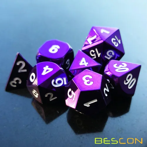 Vista 4 de Bescon 7pcs Set Heavy Duty Metal Dice Set Glossed Color of Purple, Colorful Solid Metallic Polyhedral D&D Dice Set Violet
