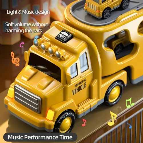 Vista 2 de Beby Buty Camiones de Construcción 5 en 1 para Niños de 3-5 años, Juguetes de Coches y Camiones para Niños Pequeños con Luz y Sonido, Incluye Grúa