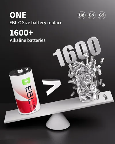 Vista 6 de EBL Batería C recargable de litio 7500mWh 1.5V 1600+ ciclos, baja autodescarga para cámaras, linterna inteligente para acampar en el hogar