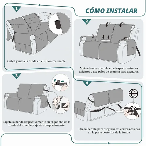 Vista 7 de Ruaozz Funda impermeable para sofá reclinable, lavable, funda antideslizante de 1 pieza, protector de muebles con correas elásticas, bolsillo