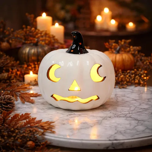 Vista 2 de Midnight Manor Halloween LED iluminado cerámica Jack O Lantern batería incluida (blanco)