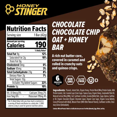 Vista 2 de Honey Stinger Barra de avena y miel, chispas de chocolate con chocolate, alimentos llenos de energía para prepararse para el ejercicio, resistencia