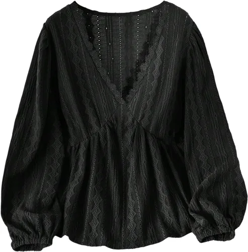 Vista 6 de SOLY HUX Blusa de manga larga con cuello en V profundo de encaje para mujer, talla grande, peplum para otoño