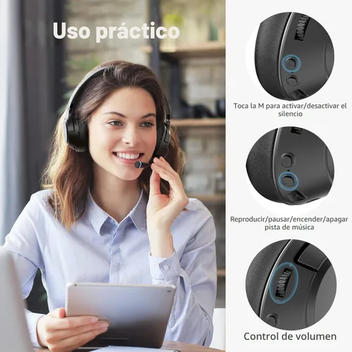 Vista 6 de H300 Auriculares inalámbricos Bluetooth con micrófono, auriculares sobre la oreja con dongle USB y función de silenciar, micrófono retráctil
