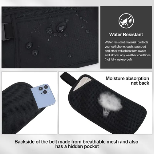 Vista 3 de DAITET Cinturón de dinero, soporte para pasaporte, cartera de viaje oculta segura con bloqueo RFID, riñonera encubierta (negro), Negro, Rfid