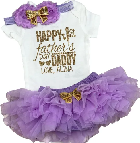 Vista 12 de Regalo personalizado para el Día del Padre, traje de bebé niña con nombre personalizado rosa y dorado opcional tutú Bloomers diadema y calentadores