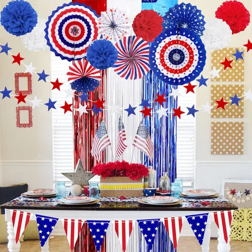 Vista 3 de MOVINPE Juego de decoraciones patrióticas para fiestas del 4 de julio, abanicos de papel para colgar con la bandera estadounidense, flores