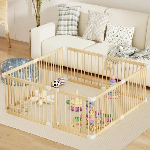 Vista 12 de Corralito grande de madera para bebés, puerta ajustable para niños pequeños y bebés, valla resistente, patio de juegos para bebés con puerta, área