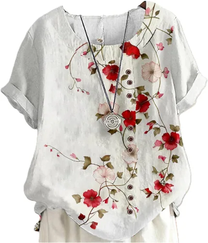 Vista 15 de domirica Camisetas de verano para mujer 2024 con estampado de flores, algodón, lino, manga corta, cuello redondo, camisas casuales de moda