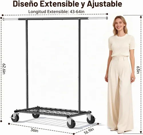 Vista 7 de Perchero resistente – Carga de 500 libras, perchero con ruedas y estantes con cerradura, estante extensible para dormitorio, lavandería, sala