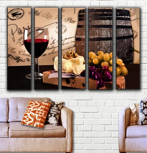 Vista 4 de Gran copa de vino tinto de 5 piezas para decoración de pared, póster impreso en paneles de lienzo, juego de decoración de pared con temática