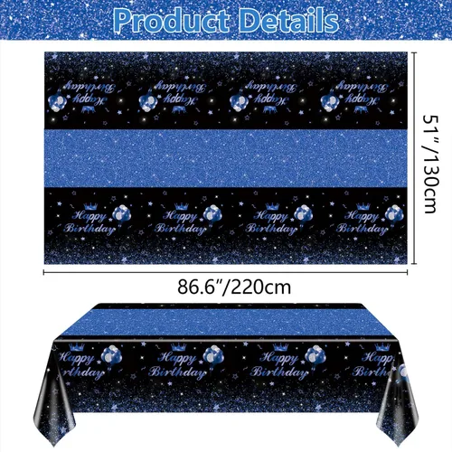 Vista 2 de 4 manteles de fiesta de feliz cumpleaños, color negro y azul, decoración de fiesta de color azul y negro, mantel rectangular de plástico para niños