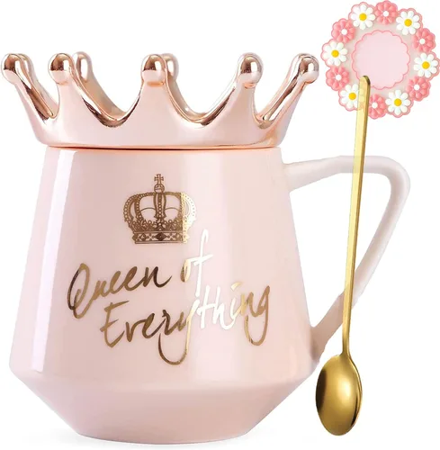 Vista 19 de Arawat Queen of Everything - Taza con tapa, taza negra dulce con corona de café, taza de 12 onzas, regalo con cuchara y posavasos, taza de té