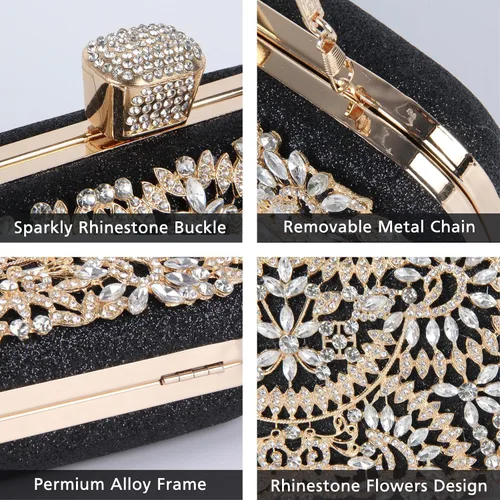 Vista 3 de GOKTOW Bolso de mano con diamantes de imitación, bolsa de noche floral de cristal brillante para mujer, formal, graduación, boda, fiesta