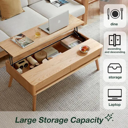 Vista 4 de Mesa auxiliar elevable con almacenamiento, mesa de centro elevadora de madera de roble 100% maciza, mesa de centro de madera de 39 pulgadas