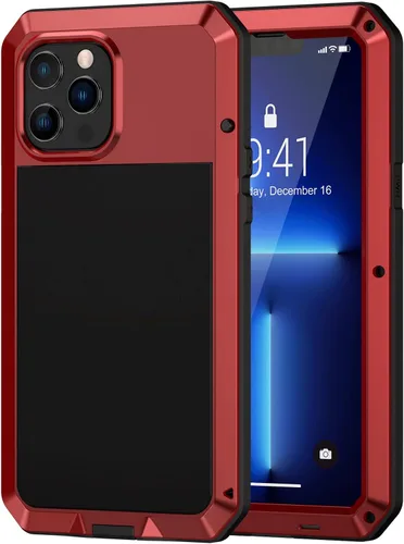 Vista 9 de Lanhiem Funda metálica para iPhone 13 Pro, resistente a los golpes, con protector de pantalla de vidrio integrado, funda protectora de cuerpo Negro