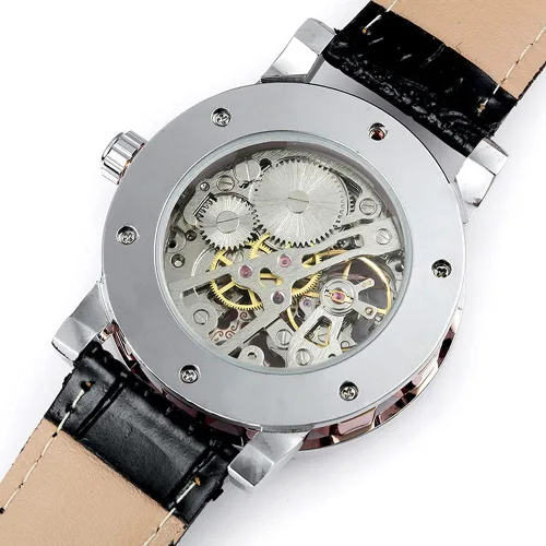 Vista 5 de Reloj de pulsera mecánico de moda para hombre y niño, esfera transparente con diseño de esqueleto, correa de cuero, reloj automático de cuerda