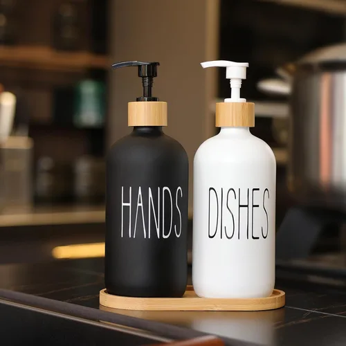 Vista 4 de El juego de dispensador de jabón de vidrio contiene jabón de manos y dispensador de jabón para platos, adecuado para decoración de baño y cocina