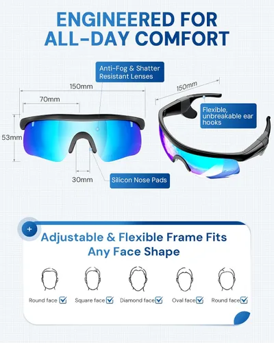 Vista 4 de Lentes de sol Bluetooth para hombres y mujeres, lentes deportivos polarizados UV400 con altavoces HD de oído abierto, asistente de voz y tubos