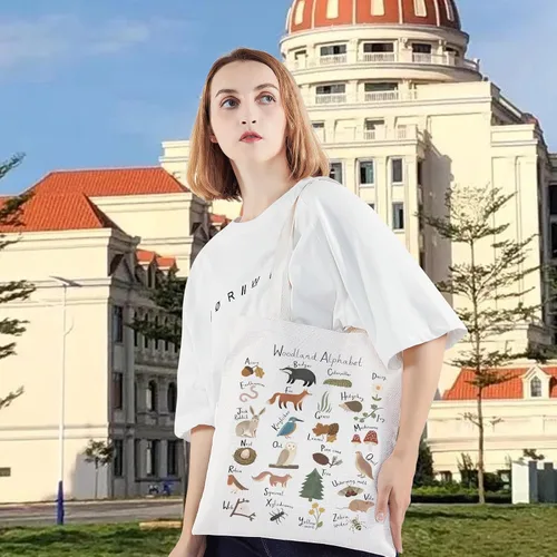 Vista 5 de LEVLO Bolsa de lona con diseño de alfabeto de animales - Bolsa de comestibles con temática de bosque A-Z