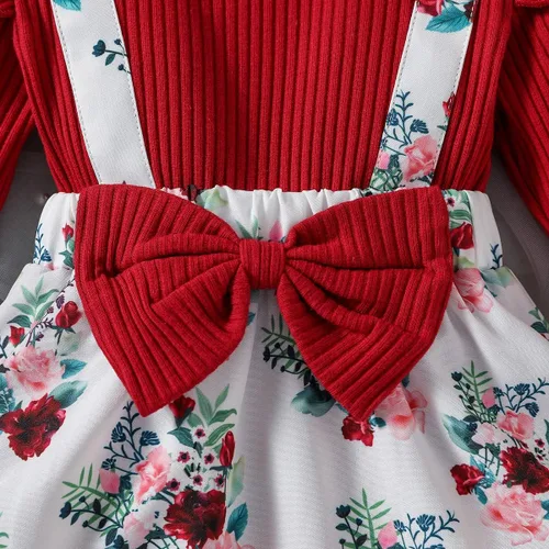 Vista 5 de Haokaini Ropa para bebé niña, vestido de mameluco para recién nacido, manga larga, con volantes, falda floral con tirantes, conjunto de overol