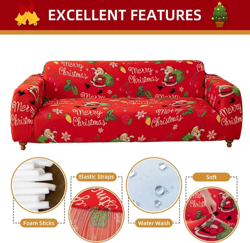 Vista 5 de Yiran Funda elástica para sofá de Navidad, protector de muebles rojo con Santa Claus y copos de nieve, funda para sofá con parte inferior elástica