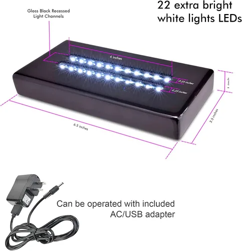 Vista 2 de Base Iluminada de 20 LED para Arte de Vidrio - Base de Soporte de Luz Blanca Satinada Rectangular en Negro Mate para Arte de Vidrio 3D, Decoración