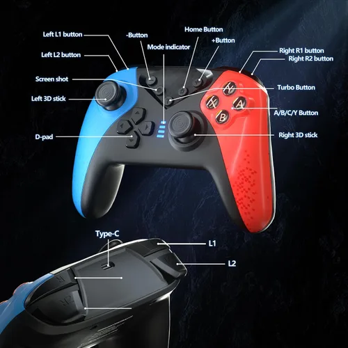 Vista 5 de Controlador de interruptor para Nintendo Switch, controlador Switch Pro para control remoto inalámbrico SwitchSwitch Lite con doble vibración, eje
