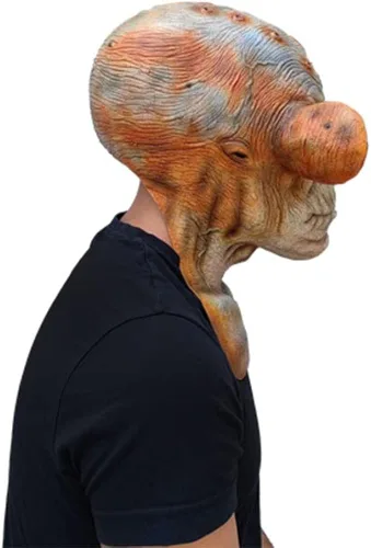 Vista 4 de Ghoulish Productions Máscara de látex alienígena rico naranja gruñón máscara de látex alienígena naranja con grandes ojos negros Ideal