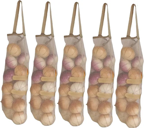 Vista 6 de Bolsas de malla colgantes: bolsas grandes para frutas, verduras, ajo, cebollas o basura