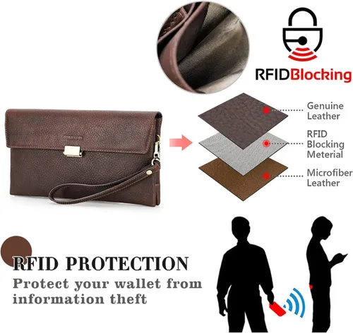 Vista 16 de Funda de piel de grano superior para hombre y mujer, múltiples bolsillos/ranuras, RFID de gran capacidad para tarjetas, cheques, dinero, pasaporte