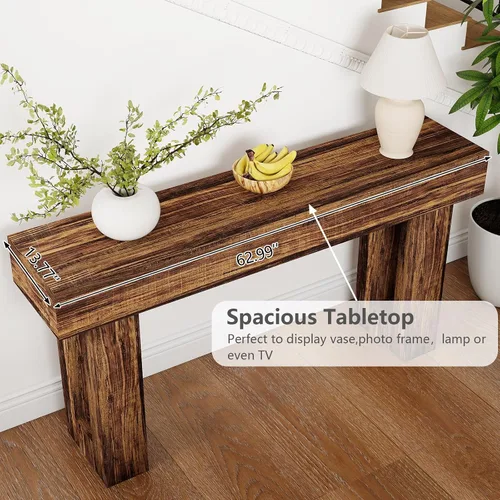 Vista 3 de Spaco Mesa Consola Larga de 63'', Mesa de Entrada Estilo Granja de 2 Niveles Mesa de Sofá con Almacenamiento, Mesa de Madera Detrás del Sofá