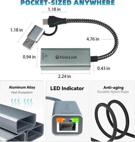 Vista 6 de Adaptador Ethernet a USB, 1 Gbps USB a RJ45 Gigabit LAN, USB 3.0 Ethernet compatible con 10/100/1000 Mbps. Compatible con portátiles, PC, Mac