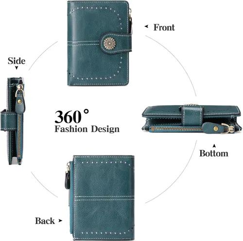 Vista 8 de Billetera pequeña para mujeres bifold portador de tarjetas de crédito con bloqueo RFID con bolsillo con cremallera, A01 verde , Compacto