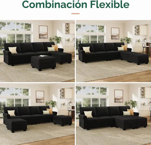 Vista 4 de HONBAY Sofá modular convertible con almacenamiento en forma de U con diván reversible para sala de estar, negro medio negro (Mid Black)