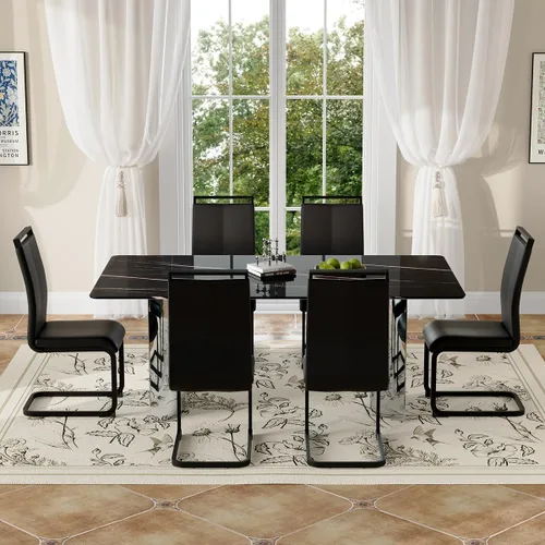 Vista 20 de Juego de mesa de comedor moderno para mesa de comedor de cristal de 6, 7 piezas, mesa de mármol sintético de 71 pulgadas con base de acero