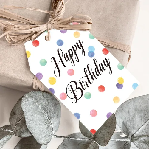 Vista 4 de Etiquetas de regalo de cumpleaños Anwyll - 50 piezas con cuerda para regalos, recuerdos de fiesta, baby shower - Etiquetas de papel con puntos